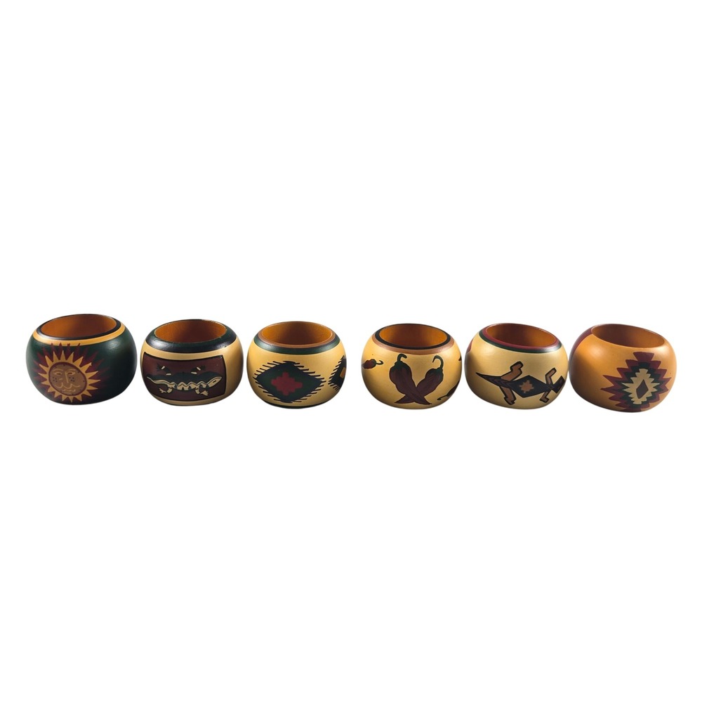 Vintage Hand Painted Wood Napkin Rings Set of 6 India Southwestern Folk Art